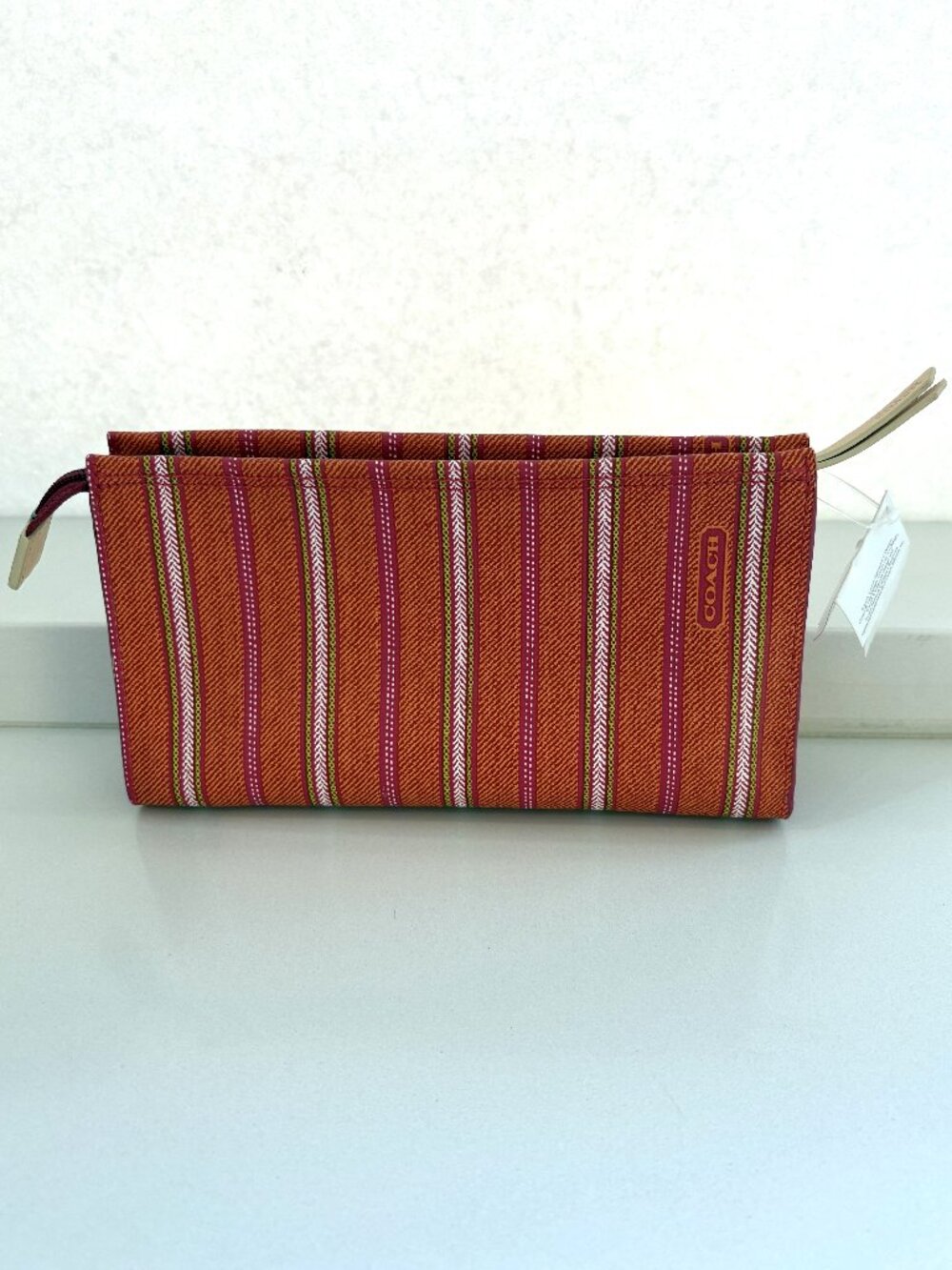 Coach Legacy Weekend Ticking Cosmetic Case Bag Stripe Pink Lime Orange 49255 NEW